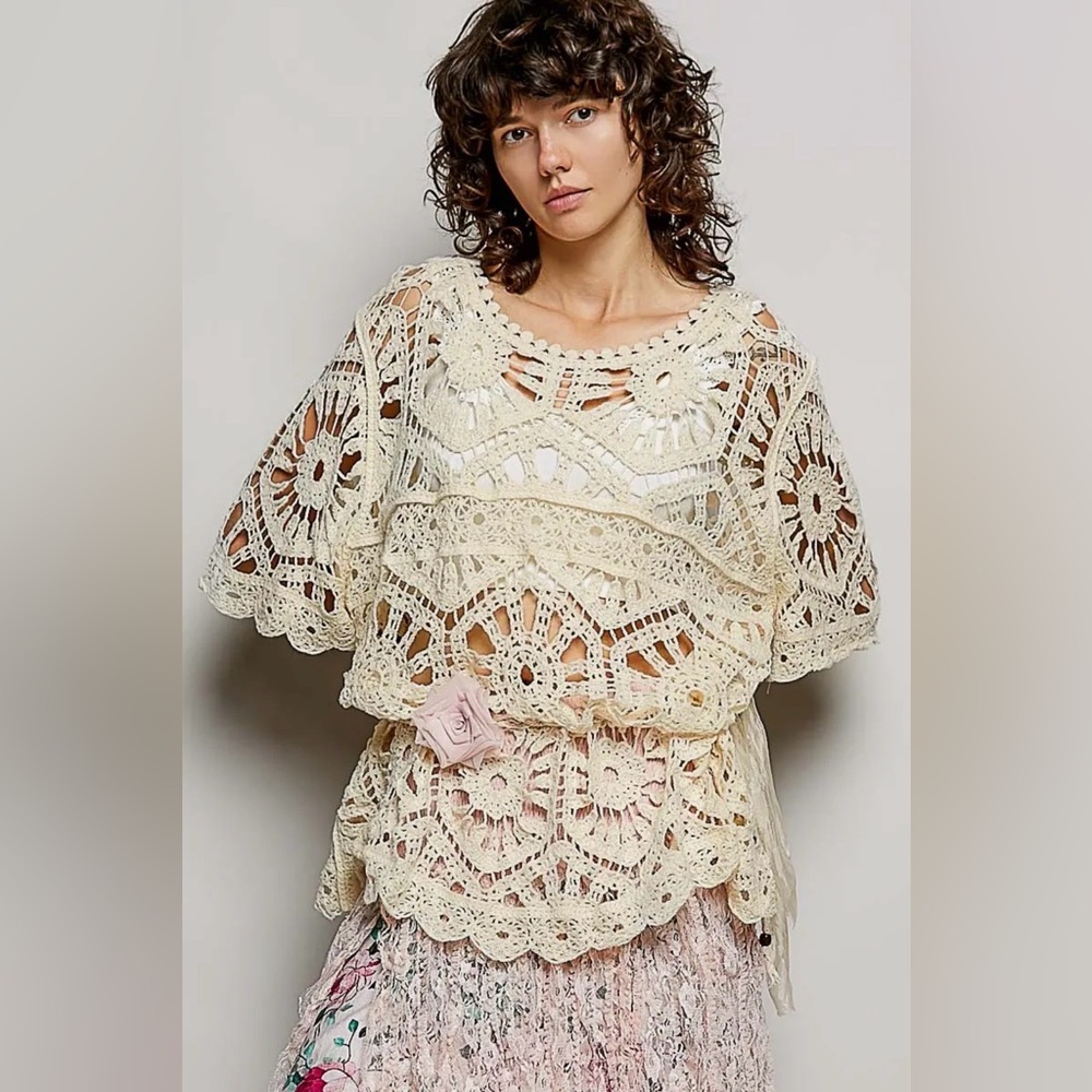 POL cream ivory tassel cotton lace crochet flutter sleeve dress blouse top
